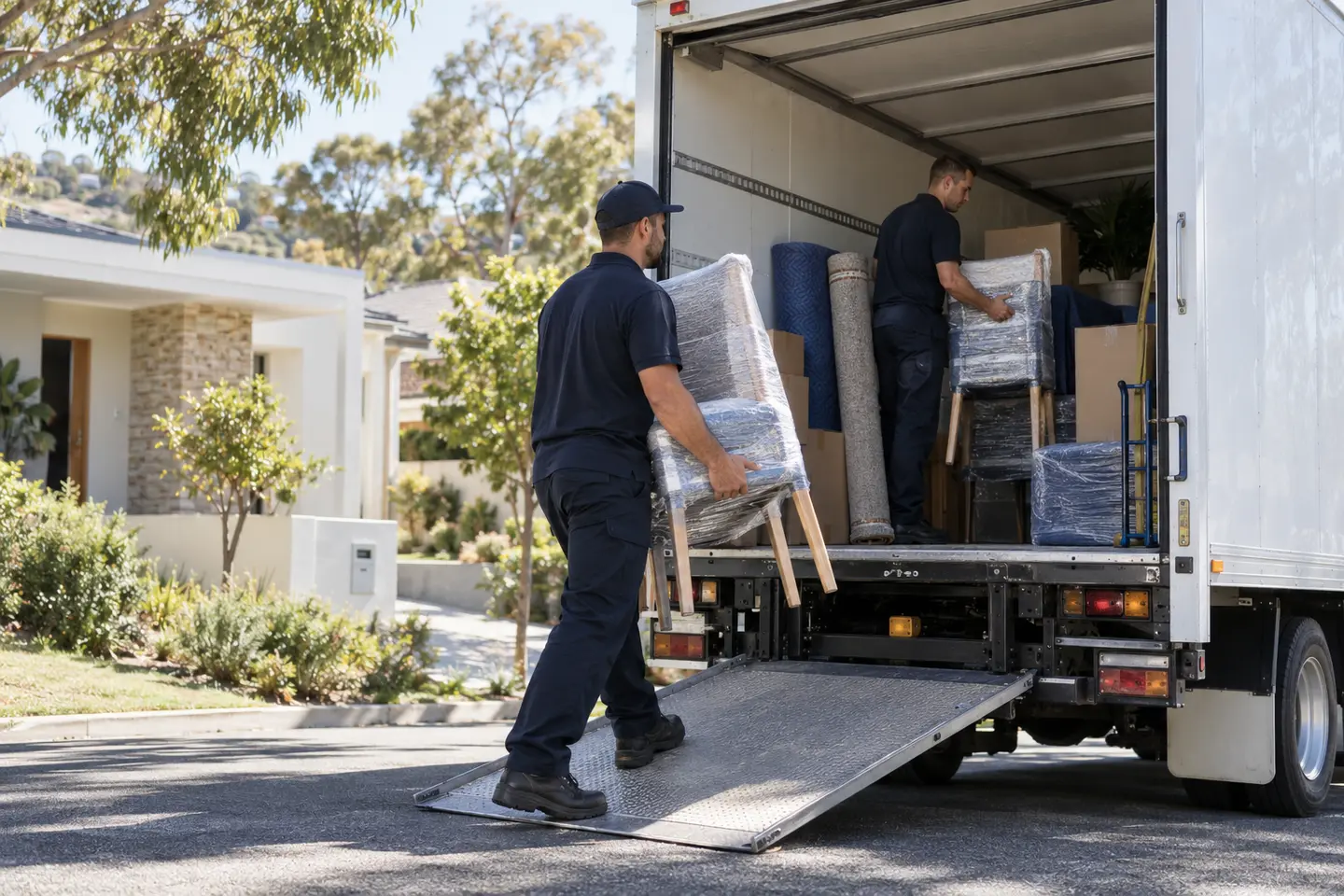 Professional movers carefully loading wrapped dining chairs into a moving truck at an Adelaide home